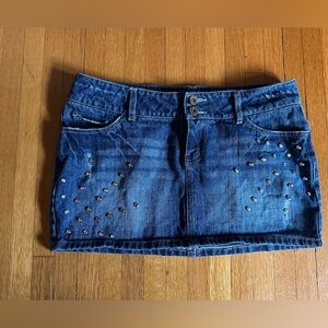 Vtg Y2K Ceres Rhinestone Embellished & Distressed Denim Micro Mini Skirt, Size L